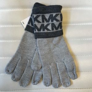 Michael Kors Monogram MK Banded Knit Gloves Gray Charcoal NEW